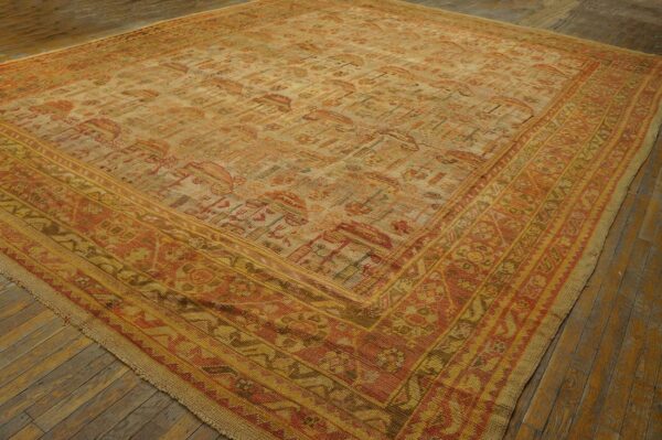 Antique turkish oushak carpet 12'3"ã—15'10" beige field, rust border, allover pattern, circa 1930 - detail view 3