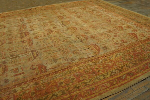 Antique turkish oushak carpet 12'3"ã—15'10" beige field, rust border, allover pattern, circa 1930 - detail view 5