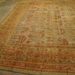 Antique Turkish Oushak Carpet 12'3"Ã—15'10" Beige Field, Rust Border, Allover Pattern, Circa 1930 - detail view 6