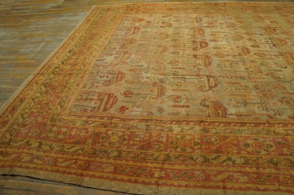 Antique turkish oushak carpet 12'3"ã—15'10" beige field, rust border, allover pattern, circa 1930 - detail view 6