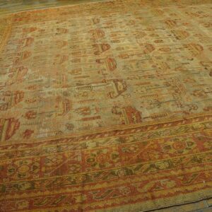 Antique Turkish Oushak Carpet 12'3"Ã—15'10" Beige Field, Rust Border, Allover Pattern, Circa 1930 - detail view 7