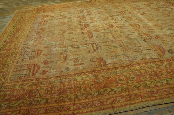 Antique turkish oushak carpet 12'3"ã—15'10" beige field, rust border, allover pattern, circa 1930 - detail view 7