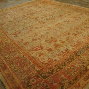 Antique Turkish Oushak Carpet 12'3"Ã—15'10" Beige Field, Rust Border, Allover Pattern, Circa 1930 - detail view 8