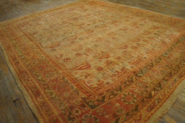 Antique turkish oushak carpet 12'3"ã—15'10" beige field, rust border, allover pattern, circa 1930 - detail view 8