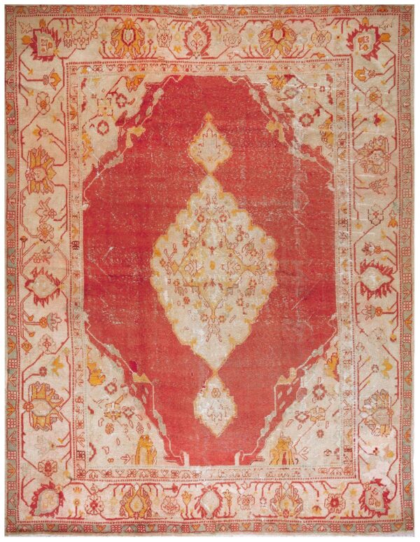 Antique turkish oushak carpet 10'ã—13' orange medallion, 1880s