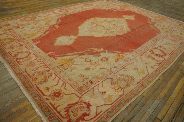 Antique turkish oushak carpet 10'ã—13' orange medallion, 1880s - detail view 1