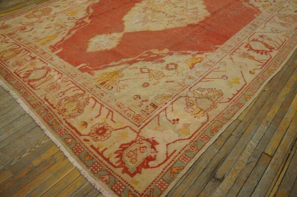 Antique turkish oushak carpet 10'ã—13' orange medallion, 1880s - detail view 2