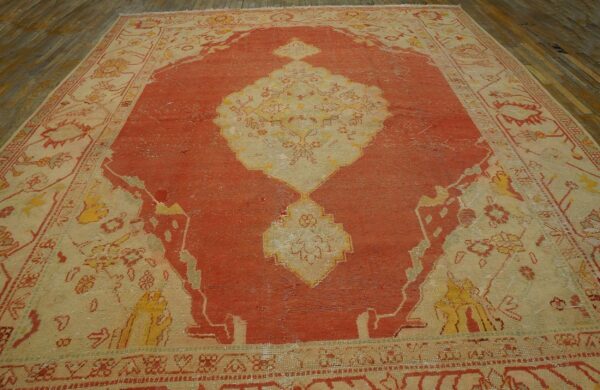 Antique turkish oushak carpet 10'ã—13' orange medallion, 1880s - detail view 3