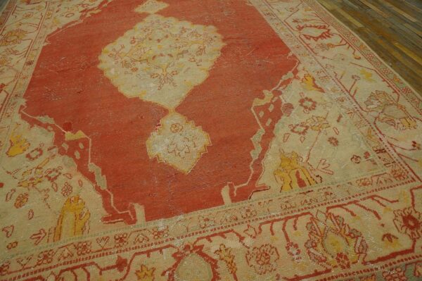 Antique turkish oushak carpet 10'ã—13' orange medallion, 1880s - detail view 4