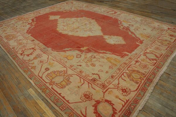 Antique turkish oushak carpet 10'ã—13' orange medallion, 1880s - detail view 5