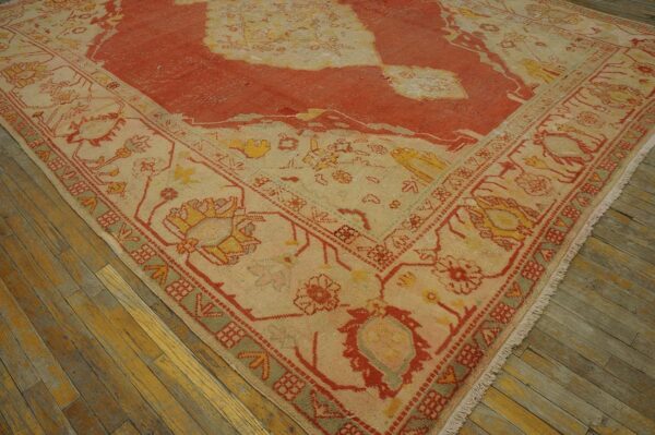 Antique turkish oushak carpet 10'ã—13' orange medallion, 1880s - detail view 6