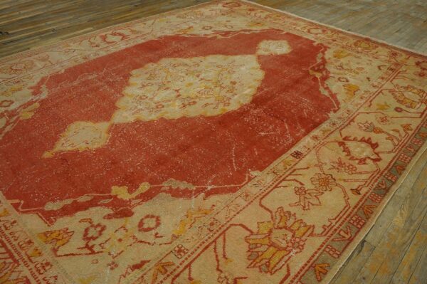 Antique turkish oushak carpet 10'ã—13' orange medallion, 1880s - detail view 7