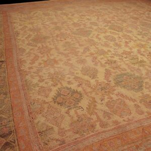 Antique Turkish Oushak Carpet 17'6"×18' Peach & Celadon, Square Format, Circa 1900 - detail view 4