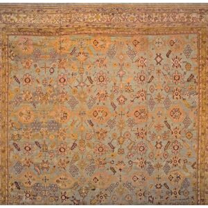 Antique Turkish Oushak Carpet 17'6"×19'6" Sky Blue Field, Decorative Oversized, Circa 1900