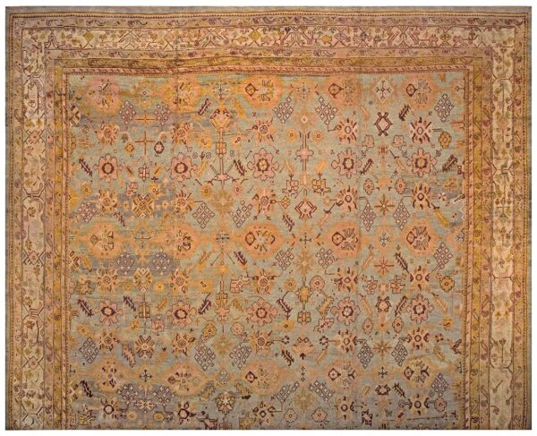 Antique turkish oushak carpet 17'6"×19'6" sky blue field, decorative oversized, circa 1900 1 Antique turkish oushak carpet 17'6"×19'6" sky blue field, decorative oversized, circa 1900