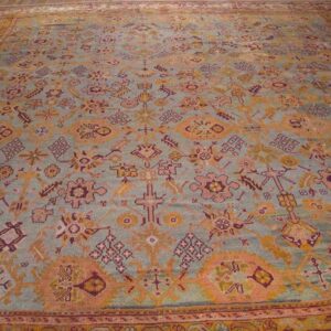 Antique Turkish Oushak Carpet 17'6"×19'6" Sky Blue Field, Decorative Oversized, Circa 1900 - detail view 2