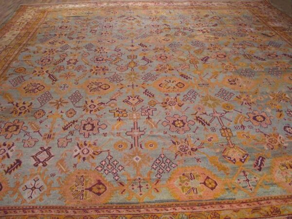 Antique turkish oushak carpet 17'6"×19'6" sky blue field, decorative oversized, circa 1900 3 Antique turkish oushak carpet 17'6"×19'6" sky blue field, decorative oversized, circa 1900 - detail view 2