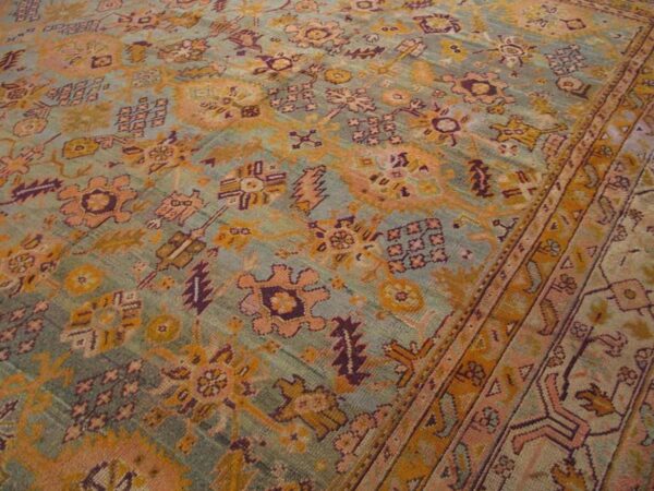 Antique turkish oushak carpet 17'6"×19'6" sky blue field, decorative oversized, circa 1900 4 Antique turkish oushak carpet 17'6"×19'6" sky blue field, decorative oversized, circa 1900 - detail view 3
