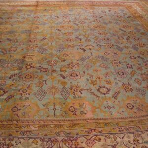 Antique Turkish Oushak Carpet 17'6"×19'6" Sky Blue Field, Decorative Oversized, Circa 1900 - detail view 4