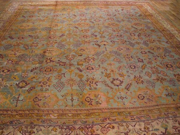 Antique turkish oushak carpet 17'6"×19'6" sky blue field, decorative oversized, circa 1900 5 Antique turkish oushak carpet 17'6"×19'6" sky blue field, decorative oversized, circa 1900 - detail view 4