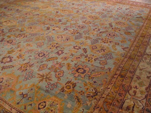 Antique turkish oushak carpet 17'6"×19'6" sky blue field, decorative oversized, circa 1900 6 Antique turkish oushak carpet 17'6"×19'6" sky blue field, decorative oversized, circa 1900 - detail view 5