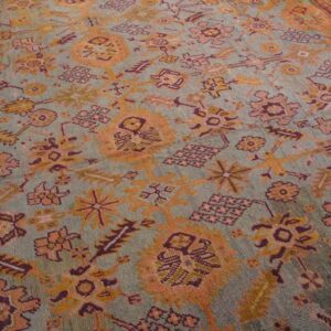 Antique Turkish Oushak Carpet 17'6"×19'6" Sky Blue Field, Decorative Oversized, Circa 1900 - detail view 6