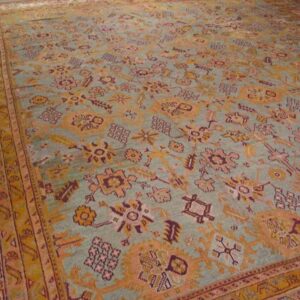 Antique Turkish Oushak Carpet 17'6"×19'6" Sky Blue Field, Decorative Oversized, Circa 1900 - detail view 8