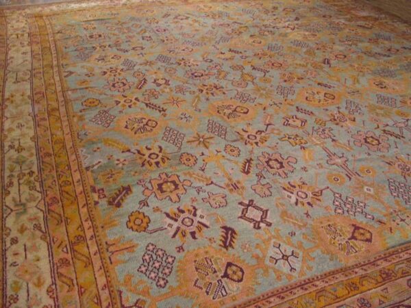 Antique turkish oushak carpet 17'6"×19'6" sky blue field, decorative oversized, circa 1900 9 Antique turkish oushak carpet 17'6"×19'6" sky blue field, decorative oversized, circa 1900 - detail view 8