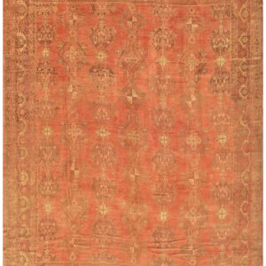 Antique Turkish Oushak Carpet 17'×19' Soft Pink Field, Purple Border, Decorative Oversized, Circa 1900