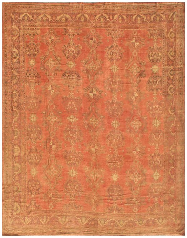 Antique turkish oushak carpet 17'×19' soft pink field, purple border, decorative oversized, circa 1900