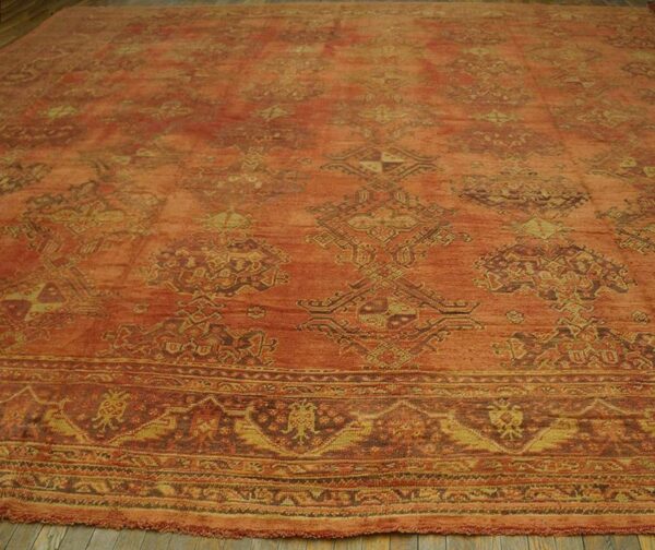 Antique turkish oushak carpet 17'×19' soft pink field, purple border, decorative oversized, circa 1900 - detail view 1