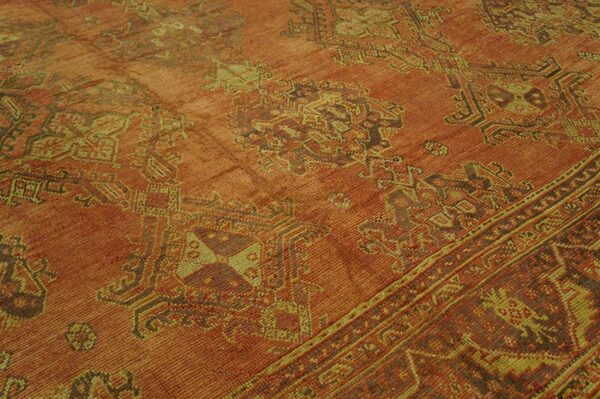 Antique turkish oushak carpet 17'×19' soft pink field, purple border, decorative oversized, circa 1900 - detail view 4