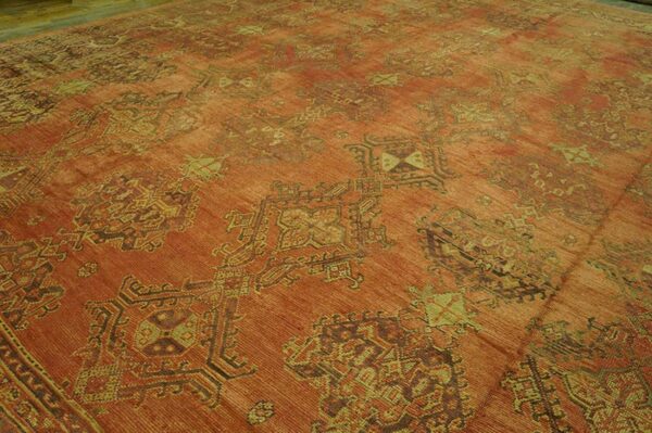 Antique turkish oushak carpet 17'×19' soft pink field, purple border, decorative oversized, circa 1900 - detail view 6