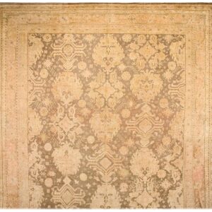 Antique Turkish Oushak Carpet 15'×21'6" Taupe & Rose Pink Allover, Circa 1930