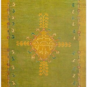 Antique Turkish Oushak Rug 9'3"×12'1" Green Medallion, Hand-Knotted Wool, 1890s