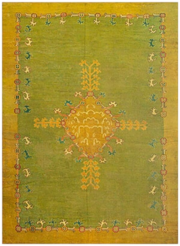 Antique turkish oushak rug 9'3"×12'1" green medallion, hand-knotted wool, 1890s