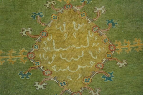Antique turkish oushak rug 9'3"×12'1" green medallion, hand-knotted wool, 1890s - detail view 2