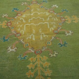 Antique Turkish Oushak Rug 9'3"×12'1" Green Medallion, Hand-Knotted Wool, 1890s - detail view 3