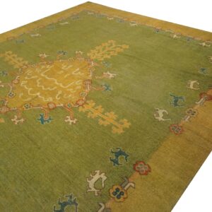 Antique Turkish Oushak Rug 9'3"×12'1" Green Medallion, Hand-Knotted Wool, 1890s - detail view 4
