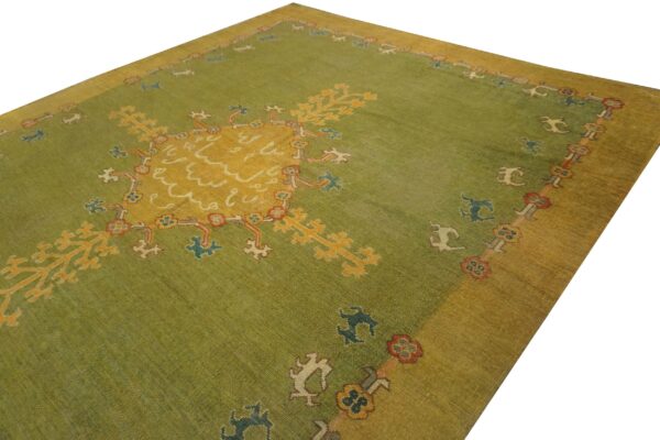 Antique turkish oushak rug 9'3"×12'1" green medallion, hand-knotted wool, 1890s - detail view 4