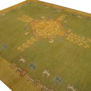 Antique Turkish Oushak Rug 9'3"×12'1" Green Medallion, Hand-Knotted Wool, 1890s - detail view 6