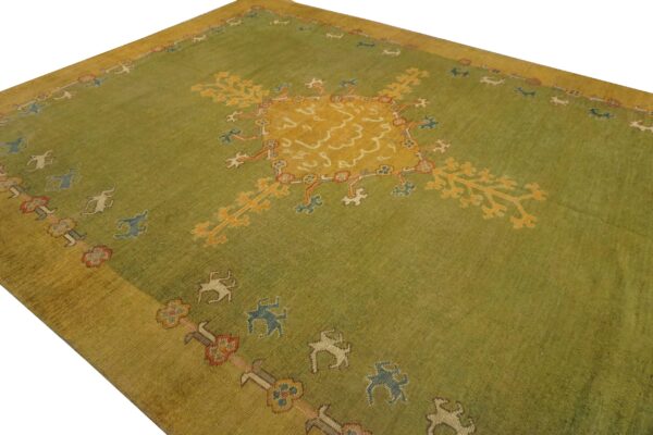 Antique turkish oushak rug 9'3"×12'1" green medallion, hand-knotted wool, 1890s - detail view 6