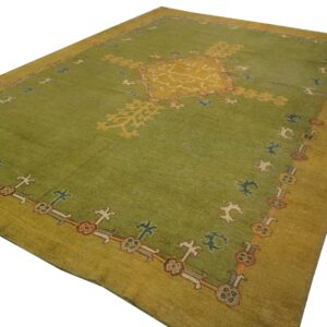 Antique Turkish Oushak Rug 9'3"×12'1" Green Medallion, Hand-Knotted Wool, 1890s - detail view 8