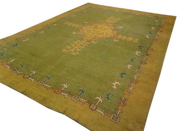 Antique turkish oushak rug 9'3"×12'1" green medallion, hand-knotted wool, 1890s - detail view 8