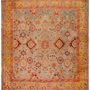 Antique Turkish Oushak Rug 11'×13' Sky Blue & Gold, Tribal Design, Circa 1890