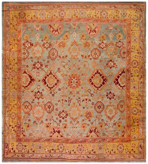 Antique turkish oushak rug 11'×13' sky blue & gold, tribal design, circa 1890 1 Antique turkish oushak rug 11'×13' sky blue & gold, tribal design, circa 1890