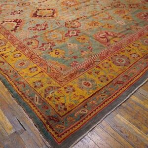 Antique Turkish Oushak Rug 11'×13' Sky Blue & Gold, Tribal Design, Circa 1890 - detail view 1