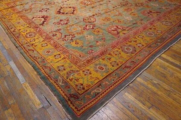 Antique turkish oushak rug 11'×13' sky blue & gold, tribal design, circa 1890 2 Antique turkish oushak rug 11'×13' sky blue & gold, tribal design, circa 1890 - detail view 1