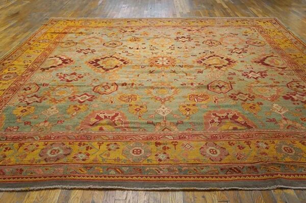 Antique turkish oushak rug 11'×13' sky blue & gold, tribal design, circa 1890 3 Antique turkish oushak rug 11'×13' sky blue & gold, tribal design, circa 1890 - detail view 2