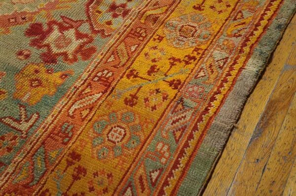 Antique turkish oushak rug 11'×13' sky blue & gold, tribal design, circa 1890 4 Antique turkish oushak rug 11'×13' sky blue & gold, tribal design, circa 1890 - detail view 3